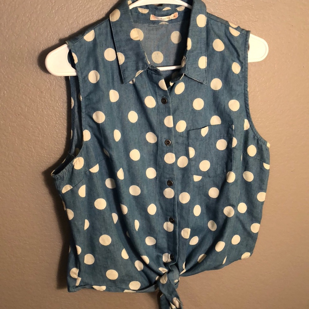 Blue w/ white polka dots with tie sleeveless top